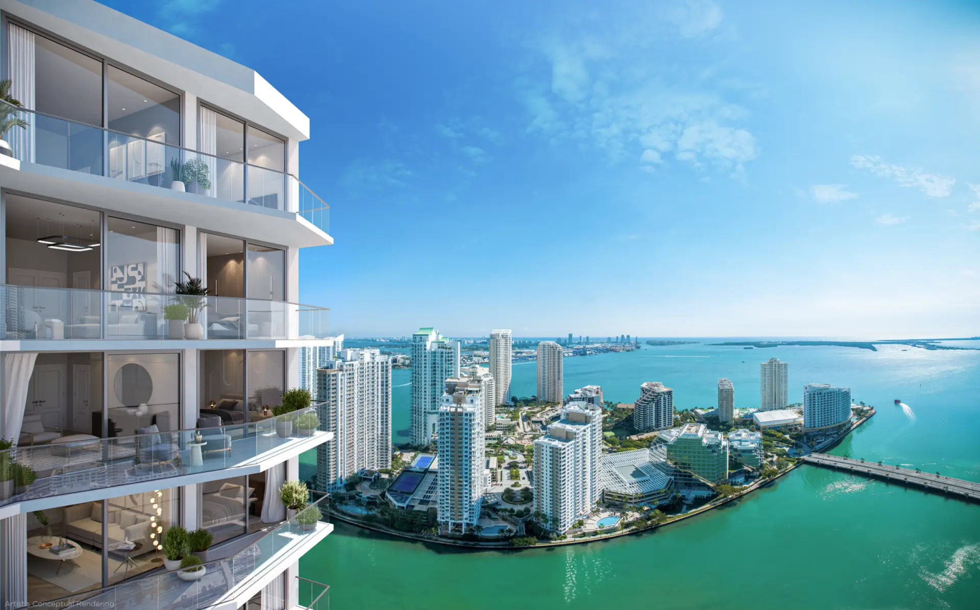 Project balcony illustration overlooking Brickell buildings and Biscayne Bay