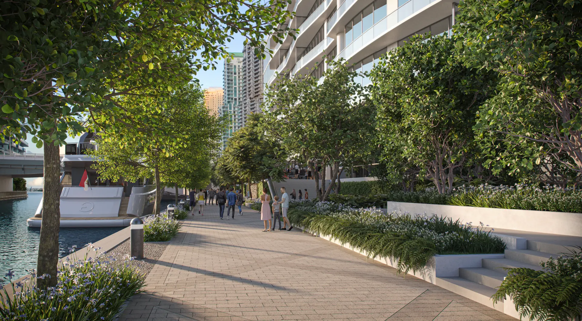 Landscaped riverwalk project illustration beneath residential balconies