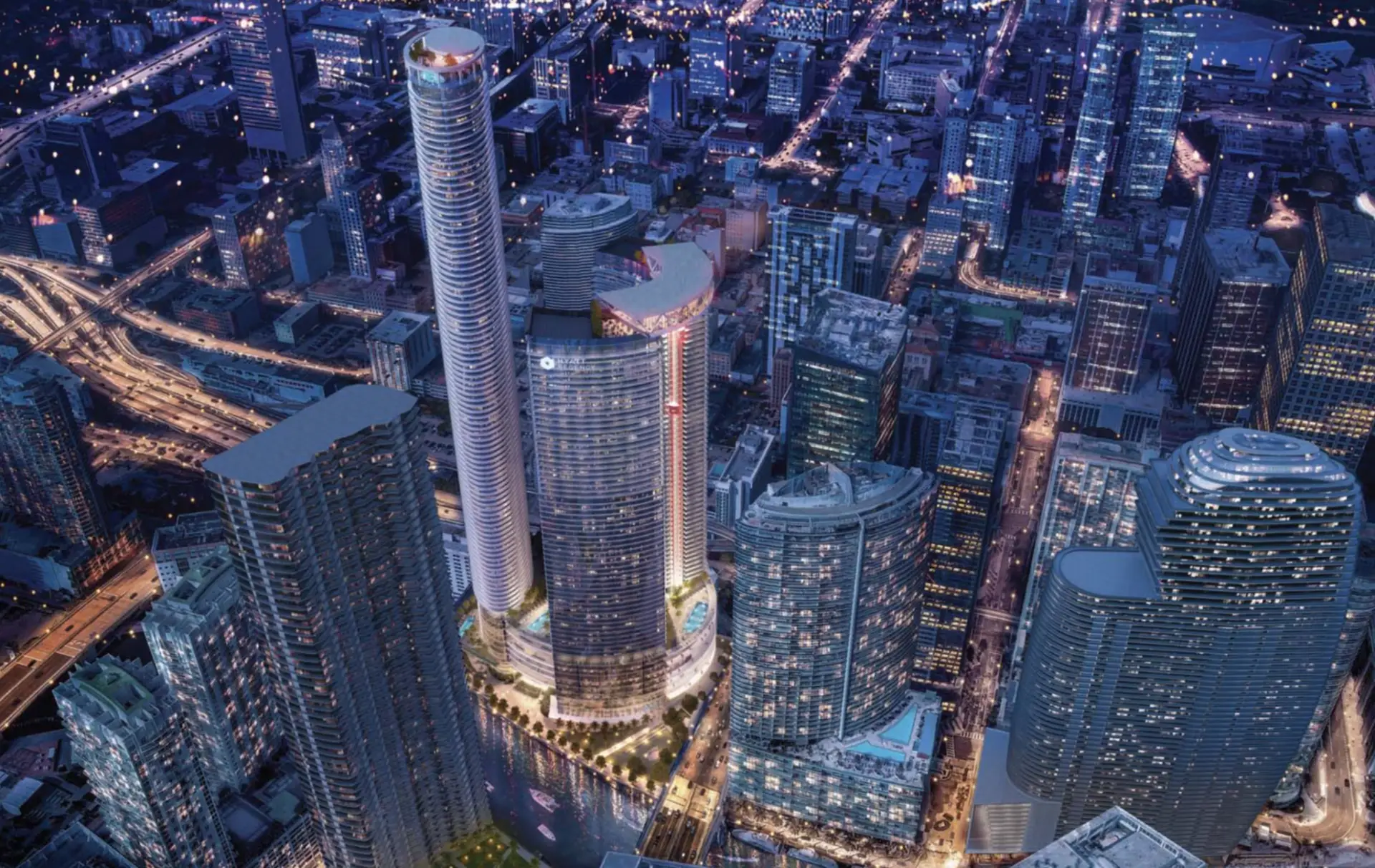 Aerial nighttime project illustration within the Miami skyline