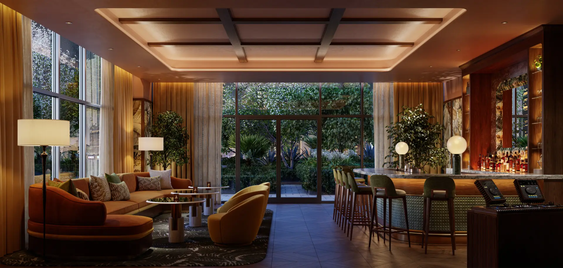 Viceroy Brickell Miami club lounge with seating and tall windows