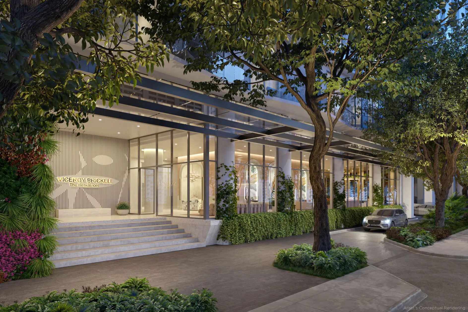 Conceptual rendering of the landscaped Viceroy Brickell Miami entrance and covered arrival drive